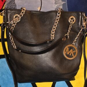 Michael Kors Black Leather Shoulder Bag with Gold Chain